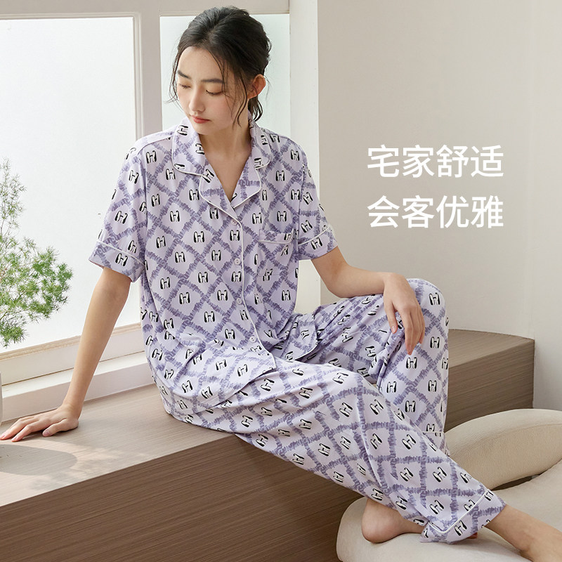 康妮雅格子睡衣女款2026新款夏季薄款短袖长裤大码夏天家居服套装