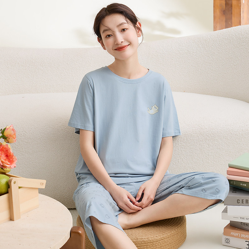 康妮雅纯棉睡衣女夏季七分裤短袖圆领薄款妈妈居家宽松家居服套装