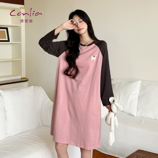 康妮雅秋季撞色长袖纯棉圆领睡裙女秋冬宽松卡通印花家居服睡衣裙
