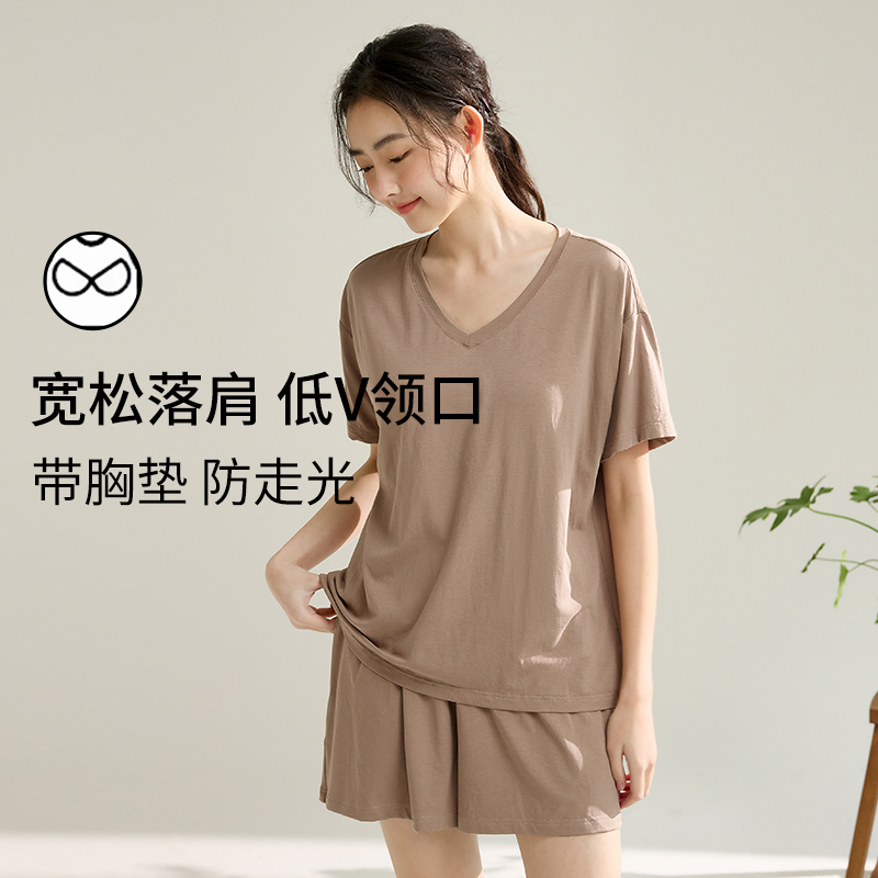 康妮雅睡衣带胸垫一体女款新款夏季短袖短裤居家休闲家居服套装