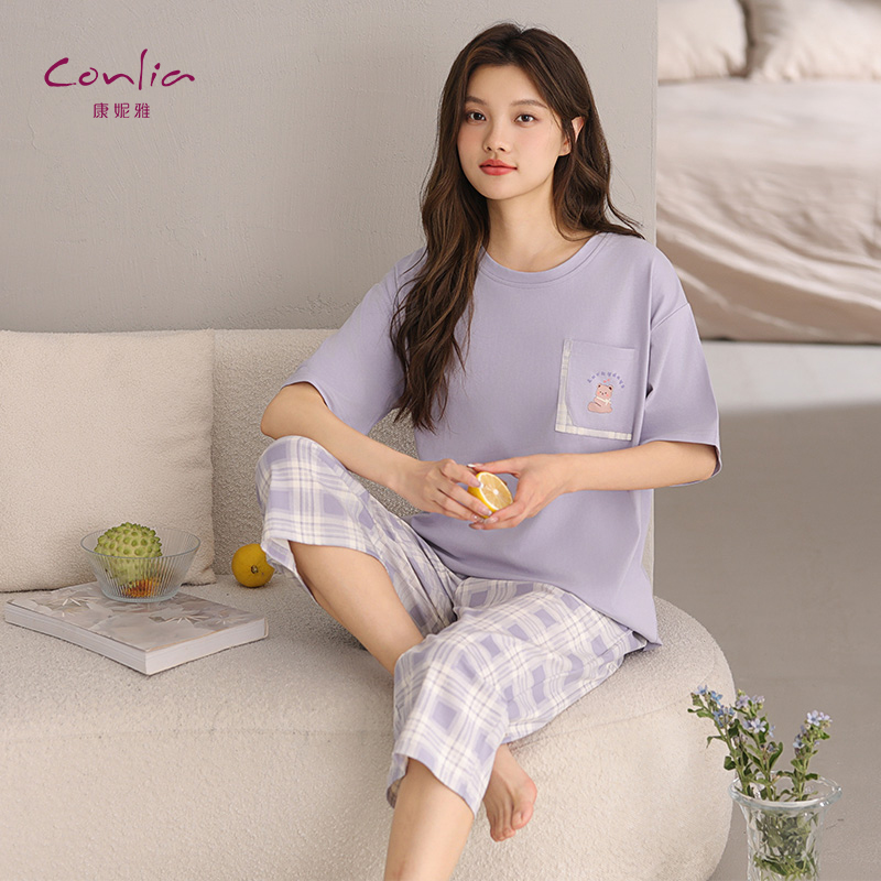 康妮雅睡衣女夏季纯棉2025新款短袖七分裤家居服套装薄款圆领舒适