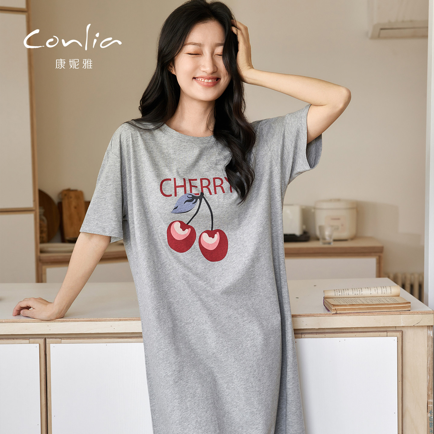 康妮雅纯棉睡裙女短袖中长款薄款宽松大码可外穿家居服圆领睡衣裙