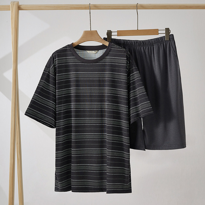 康妮雅条纹睡衣男款夏季薄款短袖短裤套装大码凉感休闲外穿家居服