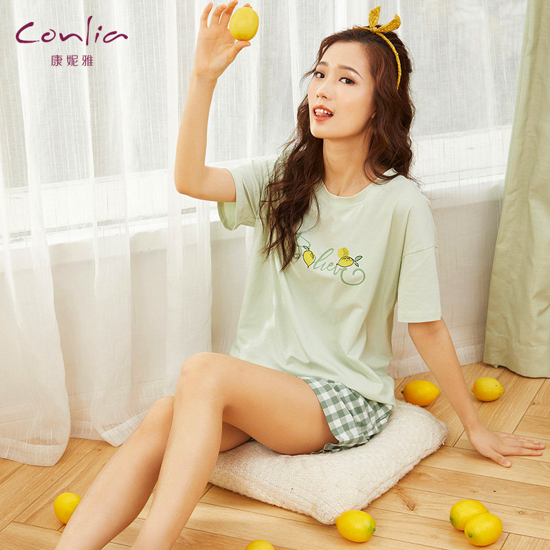康妮雅休闲居家服2020夏季新款全棉睡衣女印花短袖短裤套头套装