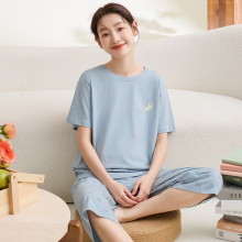 康妮雅七分裤纯棉睡衣短袖套装女夏季新款休闲甜美妈妈空调家居服