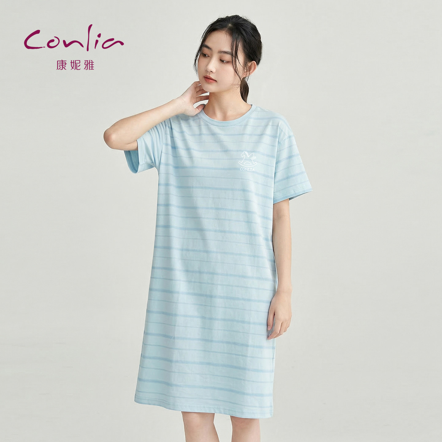 康妮雅条纹短袖睡裙纯棉女夏季宽松可外穿中长款家居服甜美睡衣裙