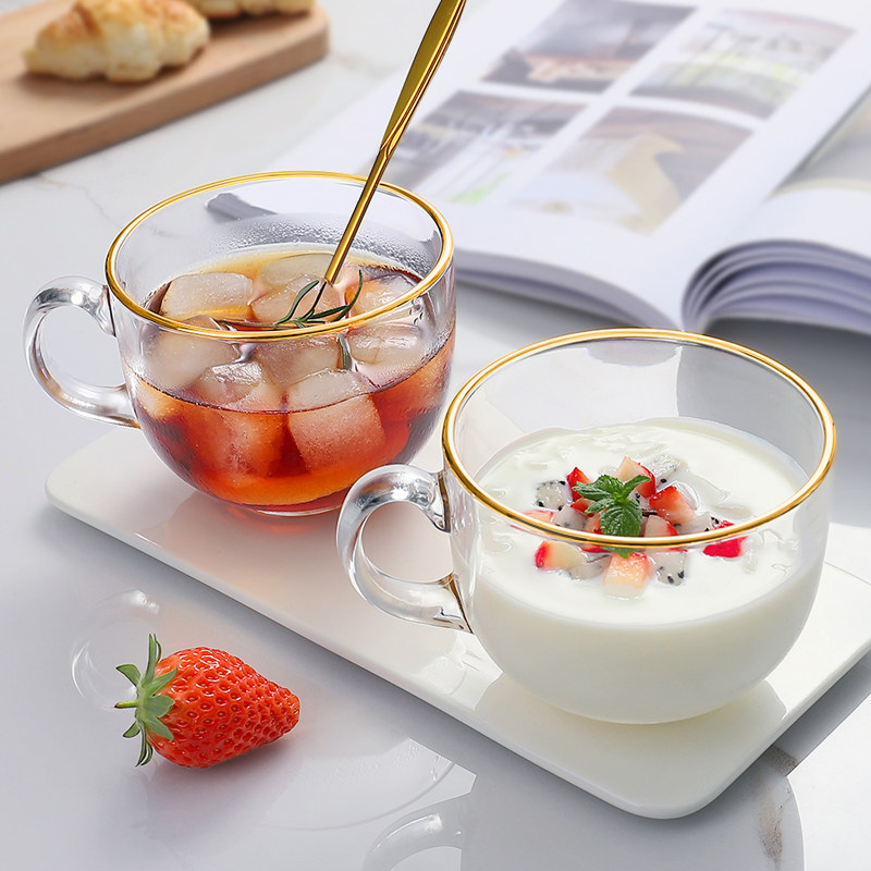 家用大容量牛奶杯酸奶麦片咖啡杯水杯北欧风带勺子透明加厚玻璃杯