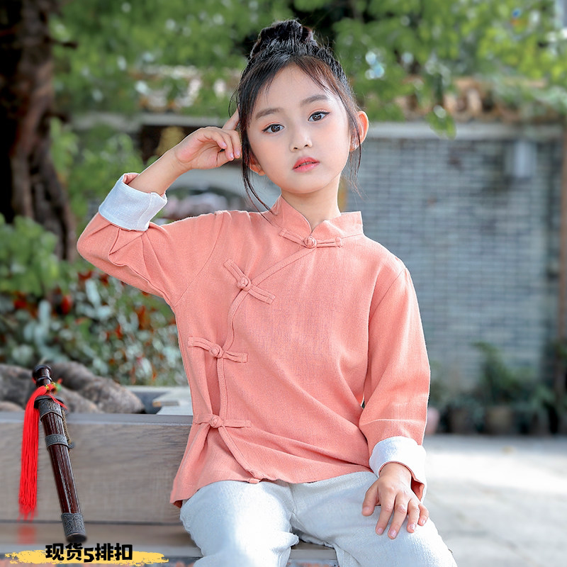 春秋薄款棉麻儿童汉服女童长袖唐装中式上衣民国风茶服中国风童装