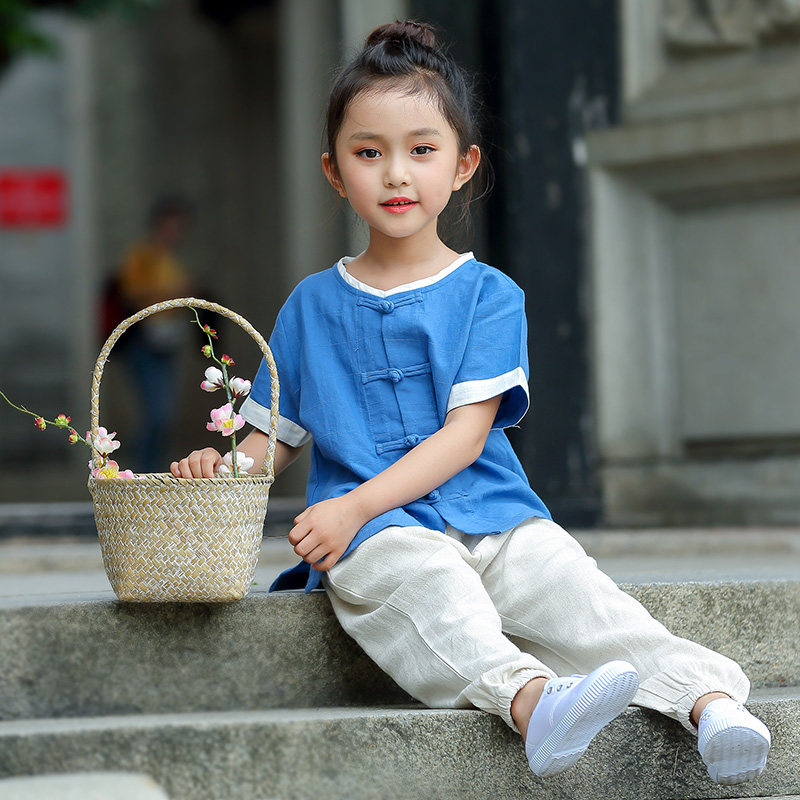 棉麻薄款短袖中式风小孩演出服图片