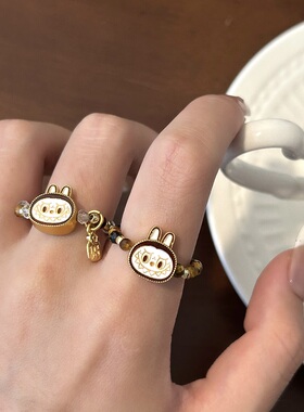 复古咖色labubu串珠戒指女