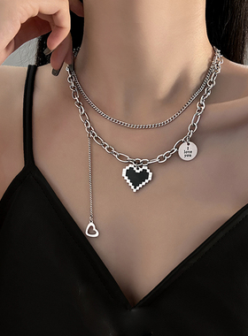 钛钢双层黑色小众设计感锁骨链