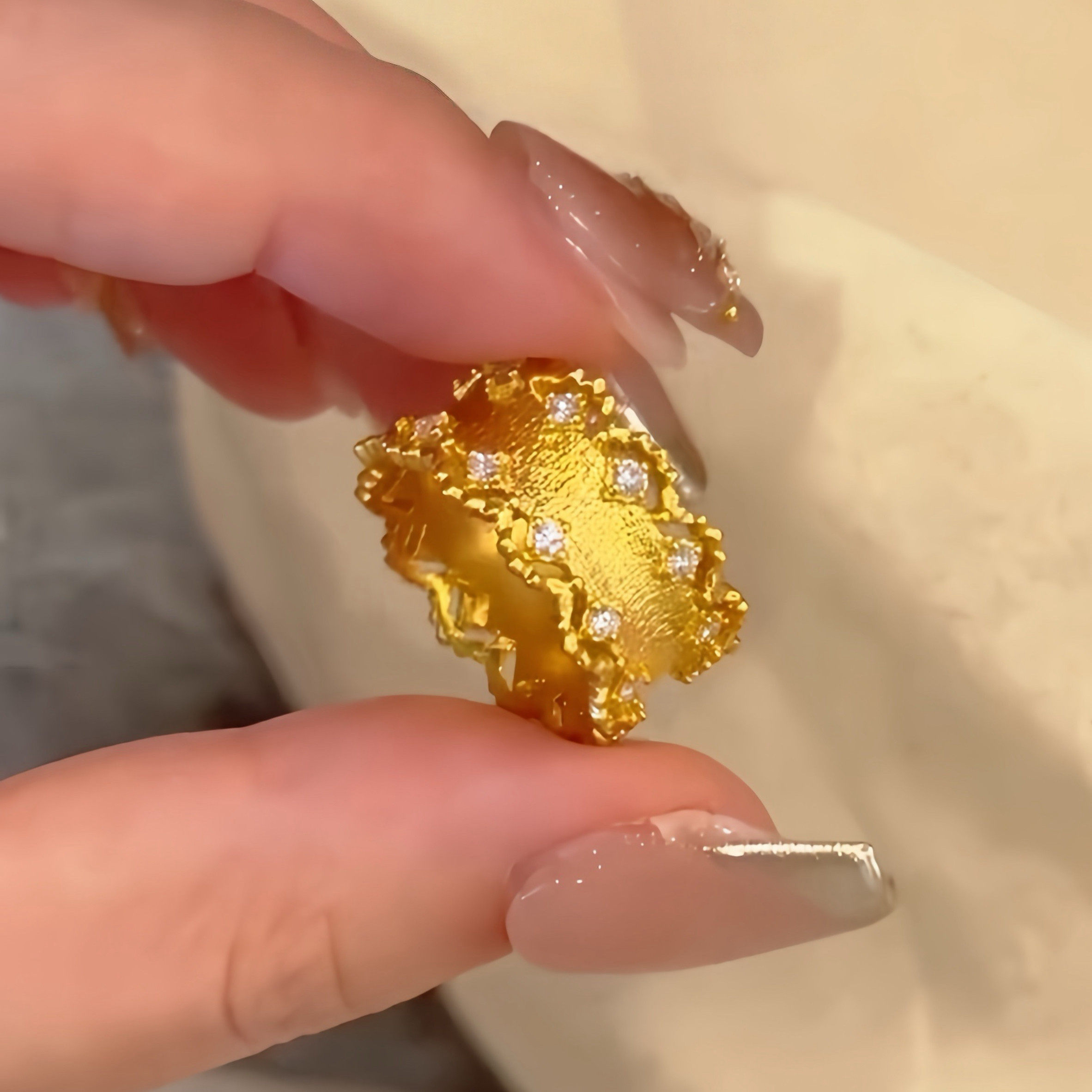 复古金色拉丝闪钻戒指女