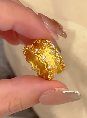 复古金色拉丝闪钻戒指女