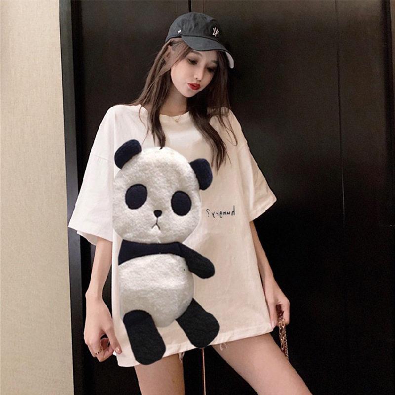 2024夏季女士卡通绣花韩版新款中长款短袖T恤女上衣女装