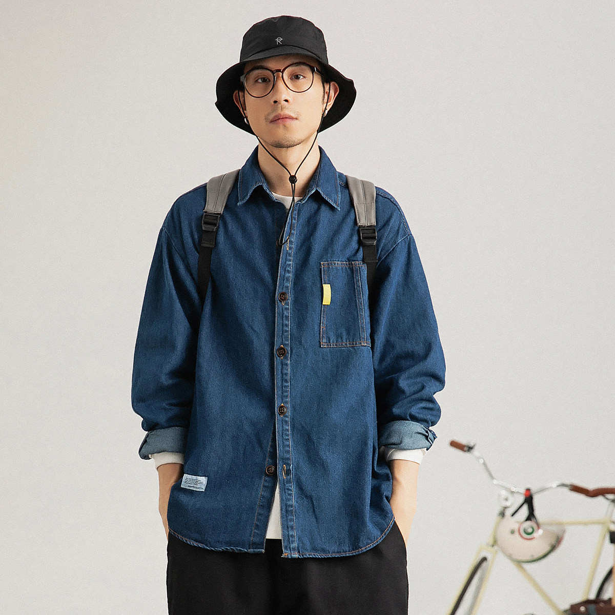 coolramon秋季男纯色休闲百搭潮牌时尚衬衫日系简约牛仔长袖外套