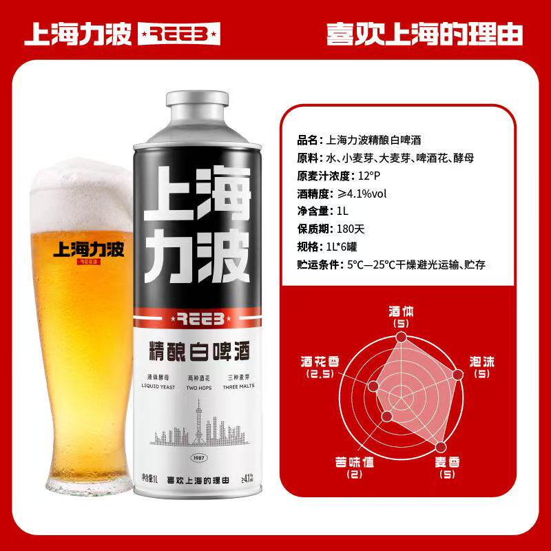 力波啤酒精酿白啤酒1L*6桶装国产啤酒整箱铝罐全麦芽啤酒1000ml