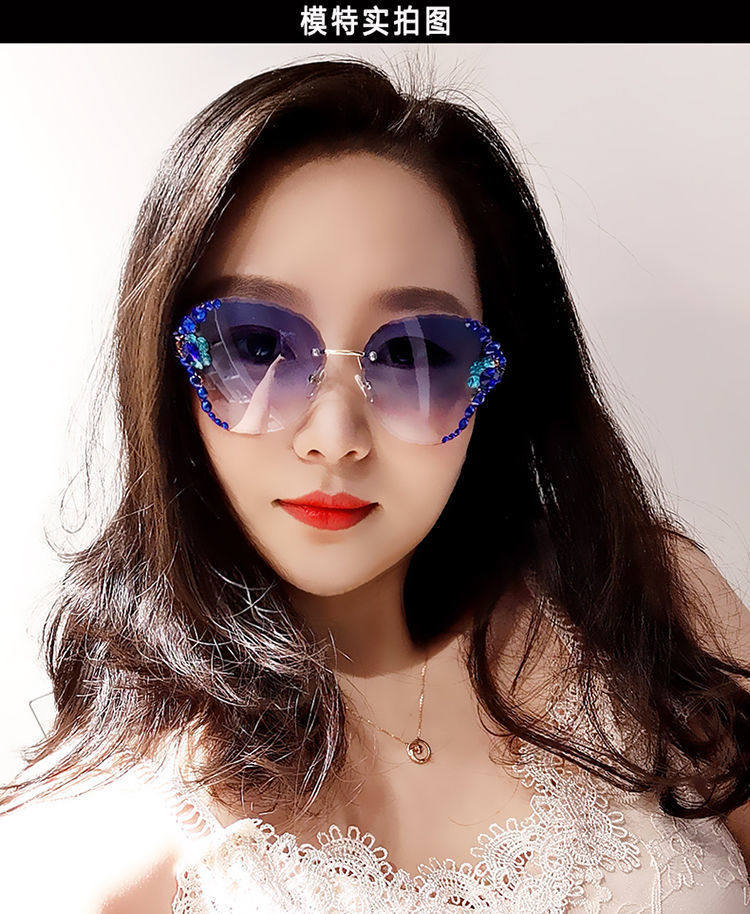 2022年新款无框带钻墨镜女大脸显瘦防紫外线太阳镜眼镜女韩版潮