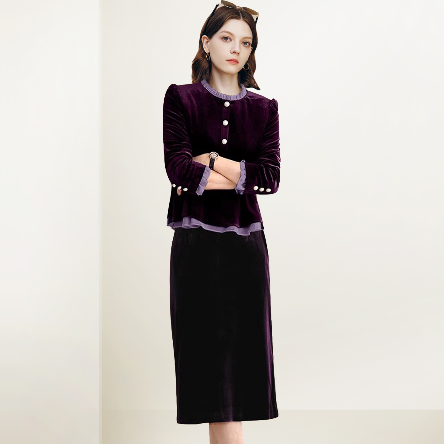 法式紫色开衫上衣半身裙套装