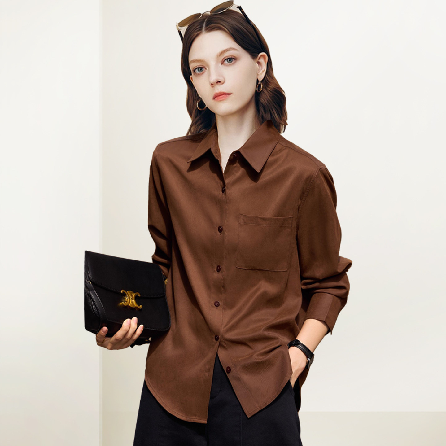 QOOEL法式复古职业通勤衬衣女2025秋冬新款polo领长袖高