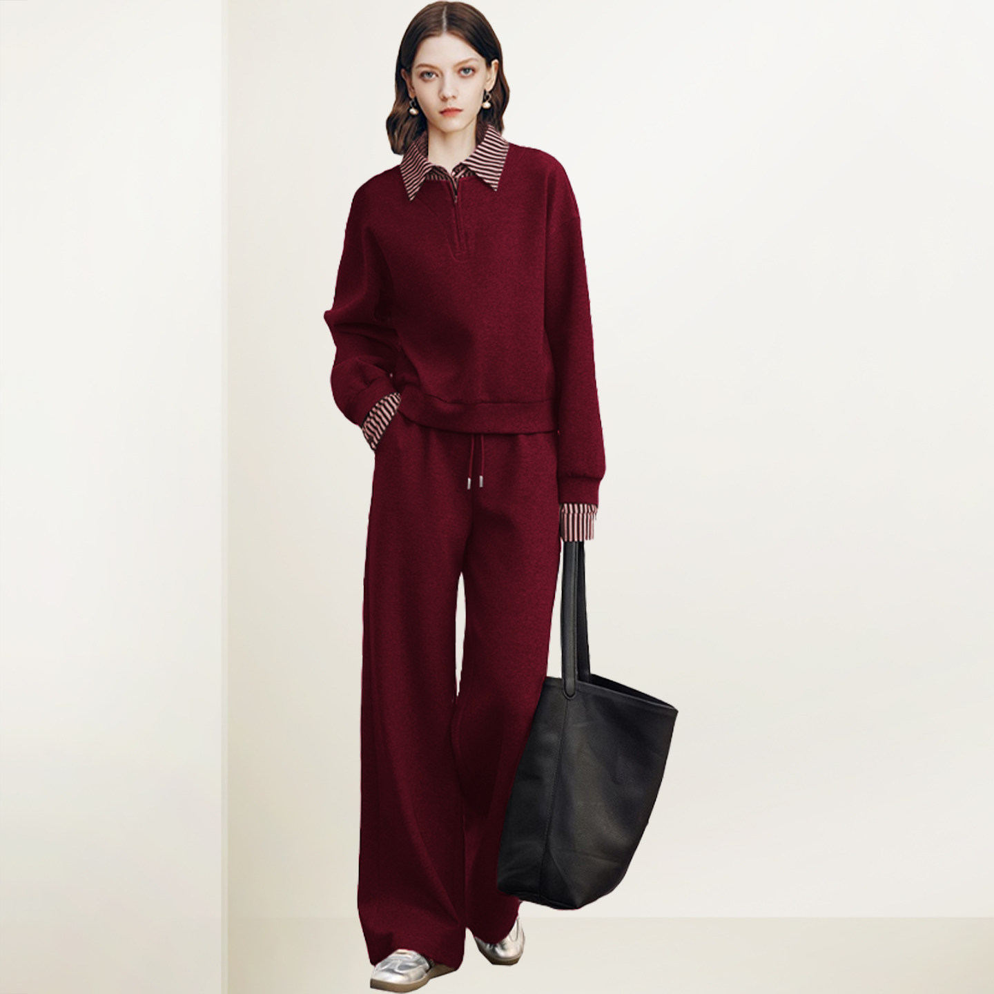 QOOEL减龄洋气撞色复古两件套女2025秋冬新款衬衫领卫衣裤子套装,女装/女士精品,时尚套装,淘宝优惠券,粉丝福利购,淘宝优惠卷