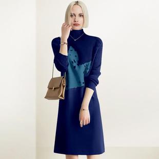 蓝色半高领针织连衣裙女2025年秋冬新款 宽松显瘦直筒打底毛衣裙潮