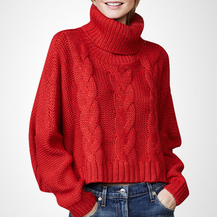 2026春季新款麻花红色高领毛衣女套头短款宽松加厚长袖小众针织衫