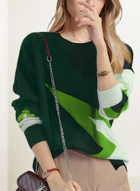 绿色圆领洋气百搭针织衫女2025年秋冬新款撞色宽松显瘦套头毛衣潮