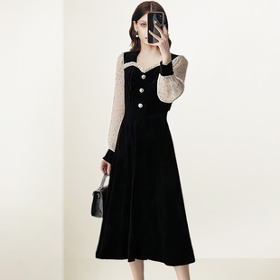 QOOEL法式赫本风黑色连衣裙女长袖2026春季新款方口领气质小黑裙