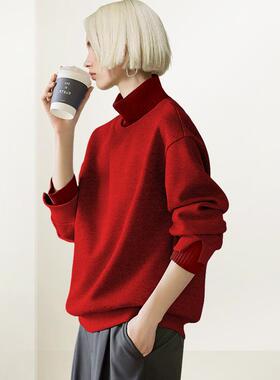 红色撞色拼接高领卫衣女2026年春季新款炸街欧货显瘦内搭外套上衣