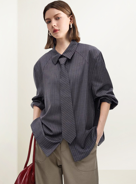 QOOEL复古条纹撞色衬衫女2025年秋新款领带百搭宽松休闲外套衬衣