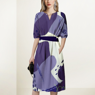 收腰设计感小众撞色裙子 法式 V领紫色印花连衣裙女2025年夏装 新款