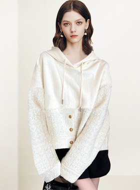 QOOEL小香风宽松连帽卫衣女2025年秋冬新款拼接长袖休闲时尚上衣