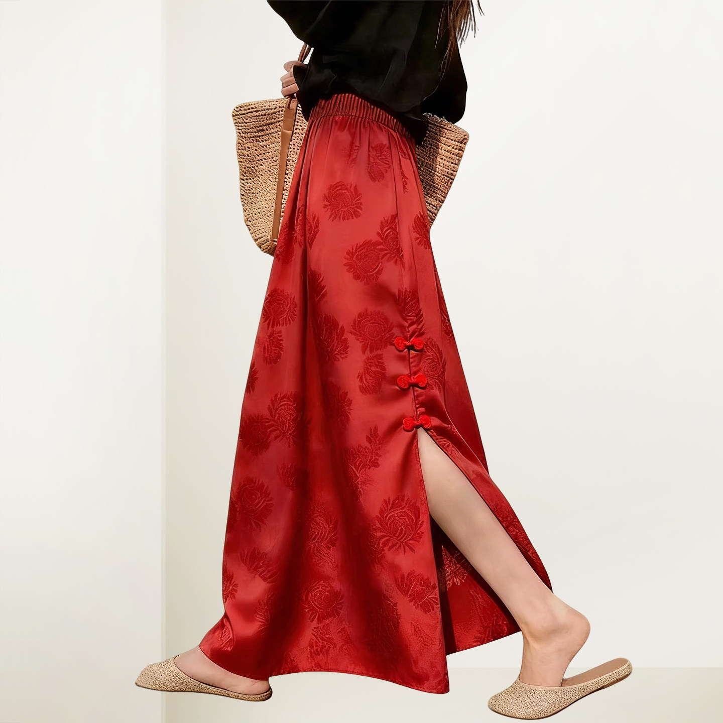 QOOEL新中式高腰开叉长款半身裙2026春季新款红色修身洋气A字裙女,女装/女士精品,半身裙,淘宝优惠券,粉丝福利购,淘宝优惠卷