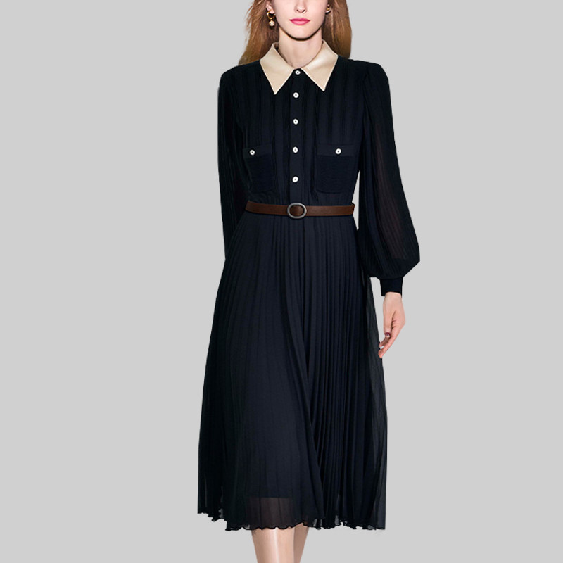 通勤气质轻熟优雅衬衫领长袖连衣裙女2025年秋冬赫本风百褶A字裙