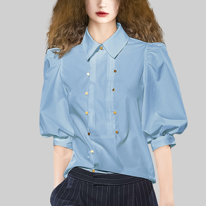 法式时尚潮流气质百搭衬衫2021夏季新款女装欧货修身显瘦蓝色衬衣