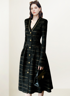 QOOEL法式小香风V领修身连衣裙2025秋冬新款高级轻奢名媛中长裙子