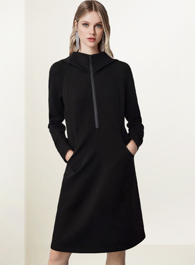 QOOEL极简风半拉链连帽连衣裙女2025秋冬新款摩登时尚减龄卫衣裙