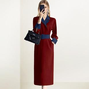 法式 拼接红色小众通勤直筒裙子潮 撞色V领连衣裙女2025年秋冬新款