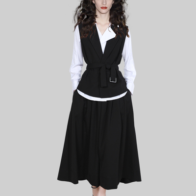 黑白撞色洋气半身裙三件套潮