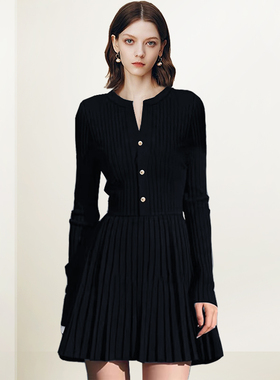 QOOEL优雅气质显瘦连衣裙2025秋冬新款通勤收腰显瘦洋气百褶A字裙