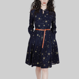 A字裙 连衣裙女2025年秋冬设计感印花中腰立领修身 气质修身 中长款