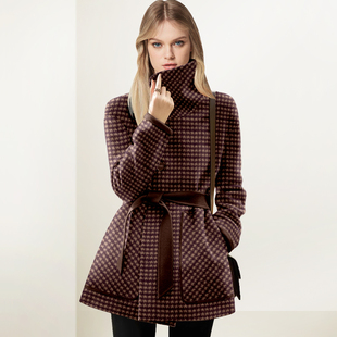 立领千鸟格毛呢外套女2026年冬装新款气质中长款收腰绑带呢子上衣