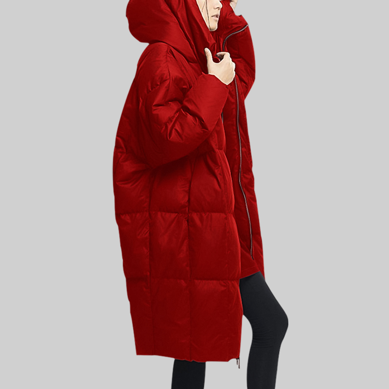 欧美冬季长袖宽松连帽羽绒服女中长款2025年新款时尚印花羽绒大衣