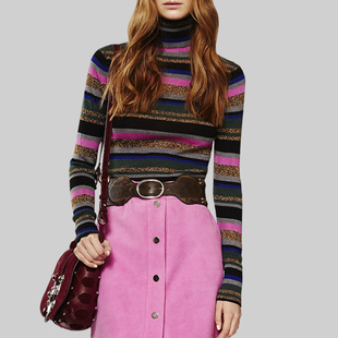 潮 宽松慵懒风条纹外搭针织衫 复古百搭款 半高领套头毛衣女秋冬新款