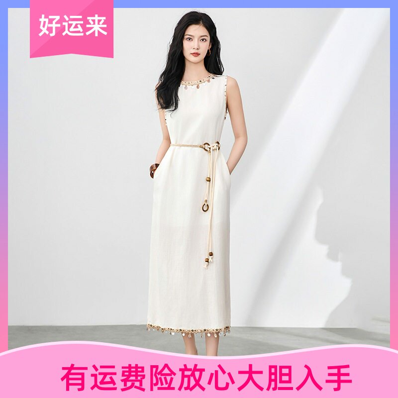 波西米亚度假风亚麻天丝连衣裙