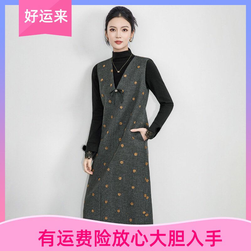 WLZD深圳南油气质重工金线立体刺绣V领蝴蝶结胸针马甲背心连衣裙