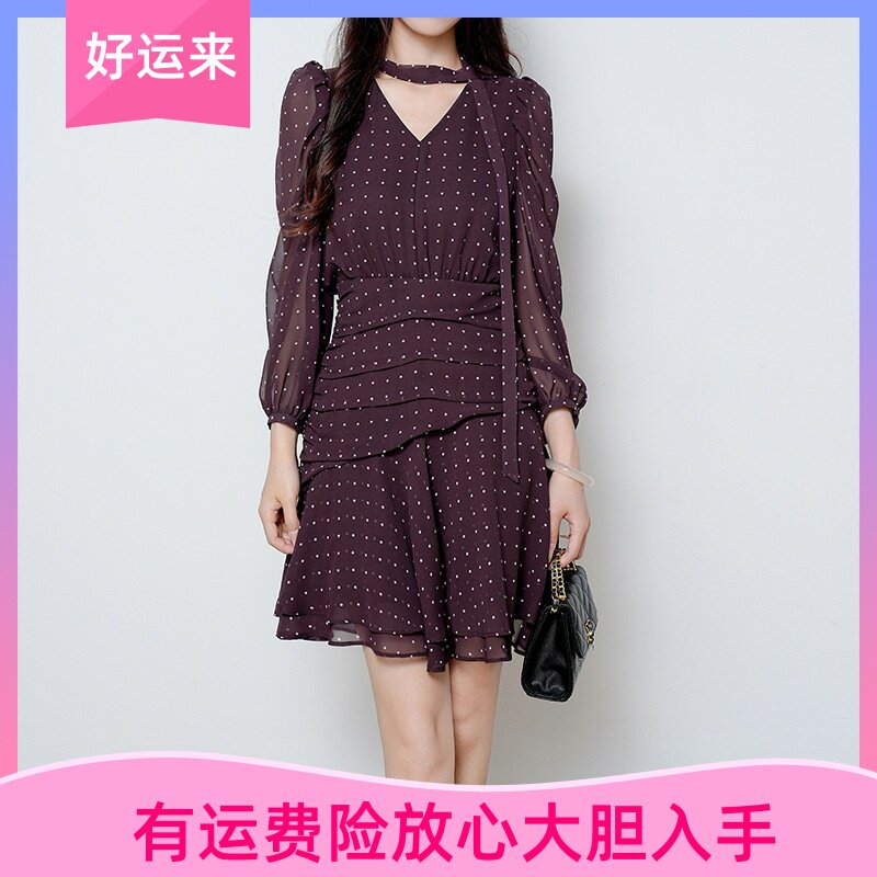 波点v领雪纺长袖连衣裙女2025秋