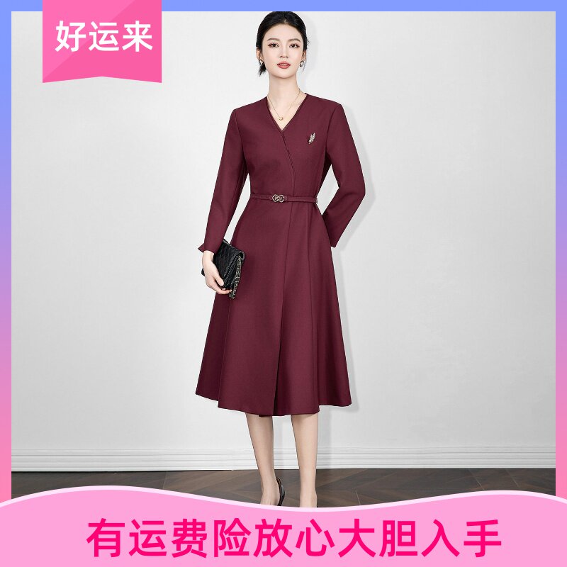 WLZD深圳南油高货优雅轻礼服连衣裙春秋法式通勤V领长袖收腰裙子
