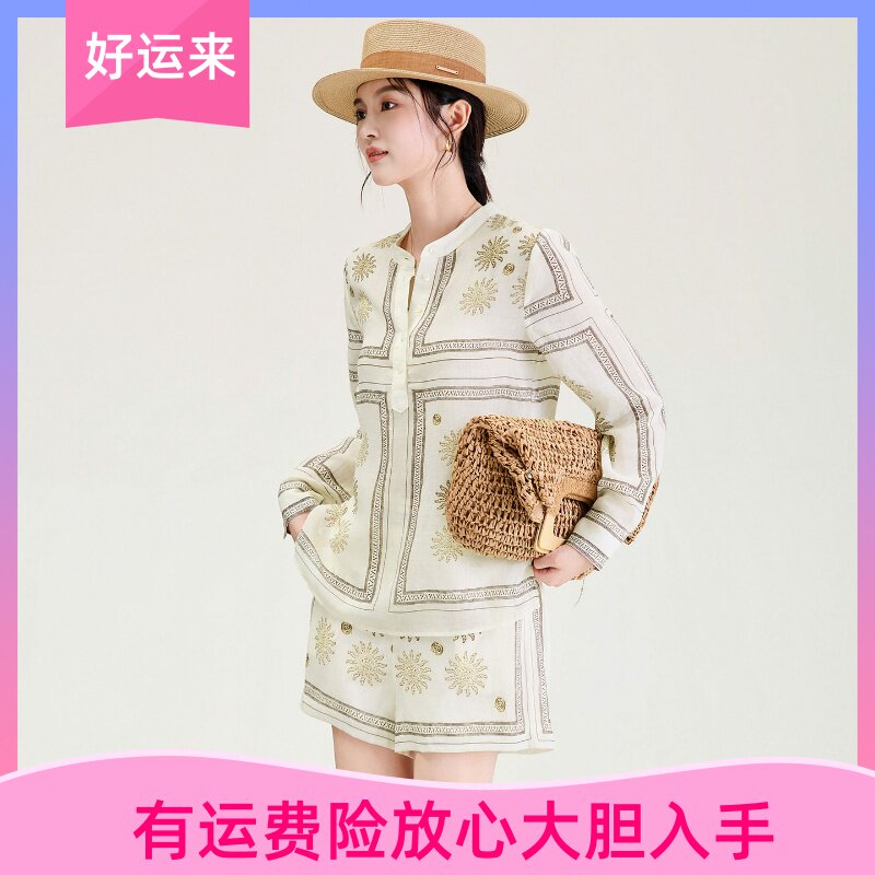 减龄中国风印花衬衫+短裤套装