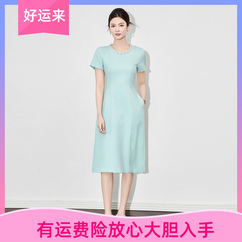 南油轻奢重工圆领钉珠气质连衣裙